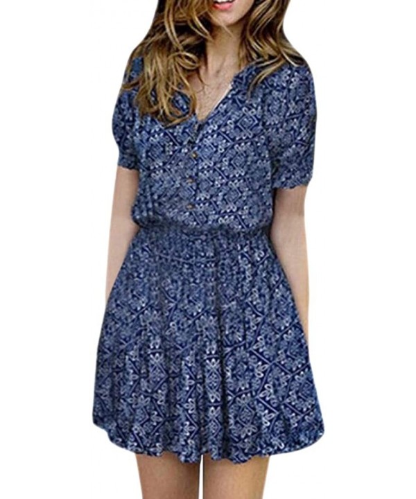 Women's Summer Casual Elegant Floral Print Swing Dress Boho v Neck Casual Short Sleeve Button Mini a Line Dresses Blue - CK18...