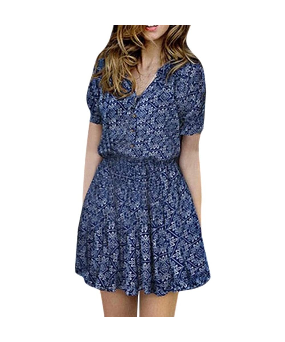 Women's Summer Casual Elegant Floral Print Swing Dress Boho v Neck Casual Short Sleeve Button Mini a Line Dresses Blue - CK18...