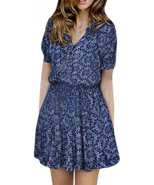 Women's Summer Casual Elegant Floral Print Swing Dress Boho v Neck Casual Short Sleeve Button Mini a Line Dresses Blue - CK18...