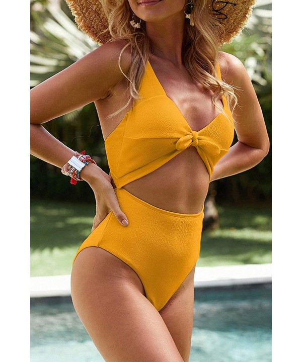 Womens One Piece Swimsuits Tie Knot Tummy Control Bathing Suits Cut Out High Waisted Monokini - Yellow - CN196D2WWWA $29.58-O...