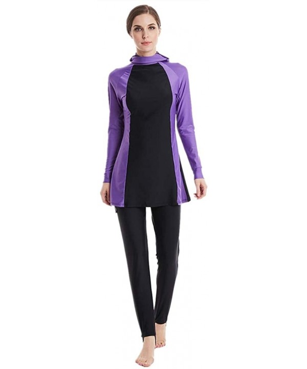 Women Muslim Swimwear Islamic Burkini Full Cover Hijab Modest Swimsuit - Purple - CG18O3SHSZW $30.80-Racing