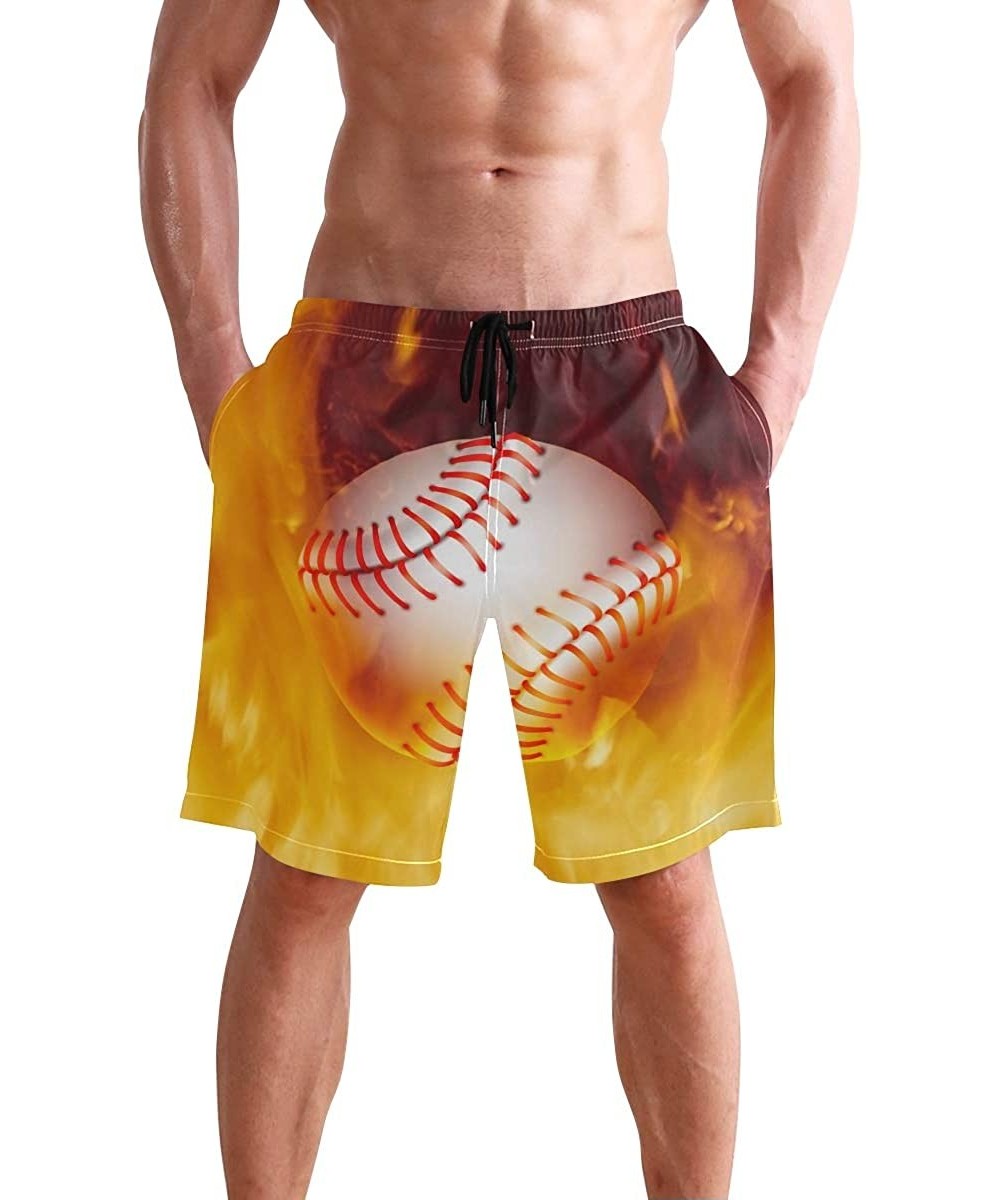 Men's Swim Trunks Christmas Plaid Painting Quick Dry Beach Board Shorts with Pockets - Fire Baseball - CJ18QRU2H0M $30.17-Boa...