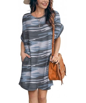 Women Waffle Knit Tunic Dress Casual Summer Short Sleeve Loose Dresses Cover Up Beach Dresses with Pocket 23 Gray Camo - C219...