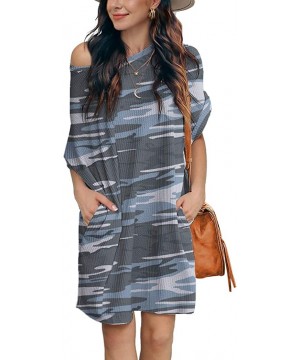 Women Waffle Knit Tunic Dress Casual Summer Short Sleeve Loose Dresses Cover Up Beach Dresses with Pocket 23 Gray Camo - C219...