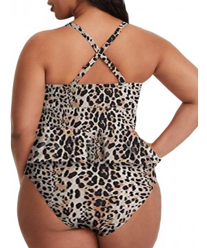 Womens Plus Size Swimwear Peplum Tankini Tops Tummy Control 2 Piece Floral Retro Swimsuits - Leopard - CC18OTCCGZL $33.90-Racing