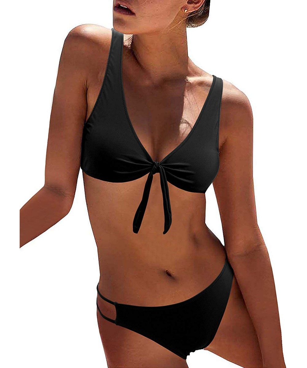 Women's Sexy Detachable Padded Cutout Push Up Striped Bikini Set Two Piece Swimsuit - Black - CH18LL9HS09 $30.79-Sets