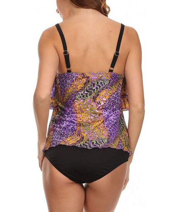 Women's Two Tier Ruffle Tankini - Purple Leopard - CC12F8V6S67 $24.48-Tankinis