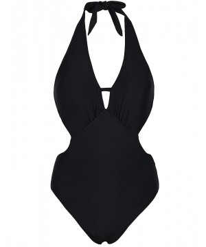 Women's One Piece Swimsuit Retro Halter Deep V Blackless Swimwear - Black - CQ19CZKUE6H $17.19-One-Pieces