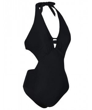 Women's One Piece Swimsuit Retro Halter Deep V Blackless Swimwear - Black - CQ19CZKUE6H $17.19-One-Pieces