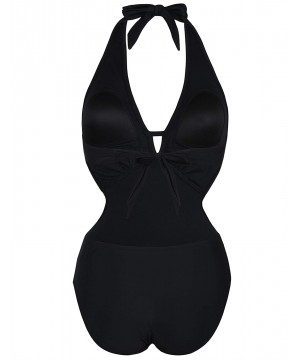 Women's One Piece Swimsuit Retro Halter Deep V Blackless Swimwear - Black - CQ19CZKUE6H $17.19-One-Pieces