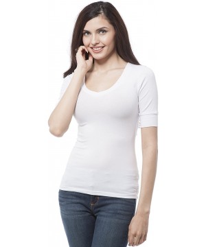 Women's Plain Basic Elbow Length Sleeves V Neck Top Fitted Shirt - White - CL11TTYHBNT $8.27-Tankinis