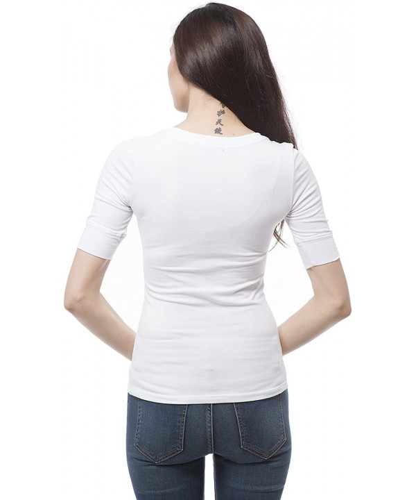 Women's Plain Basic Elbow Length Sleeves V Neck Top Fitted Shirt - White - CL11TTYHBNT $8.27-Tankinis