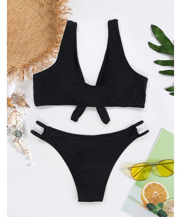 Women's Sexy Detachable Padded Cutout Push Up Striped Bikini Set Two Piece Swimsuit - Black - CH18LL9HS09 $30.79-Sets