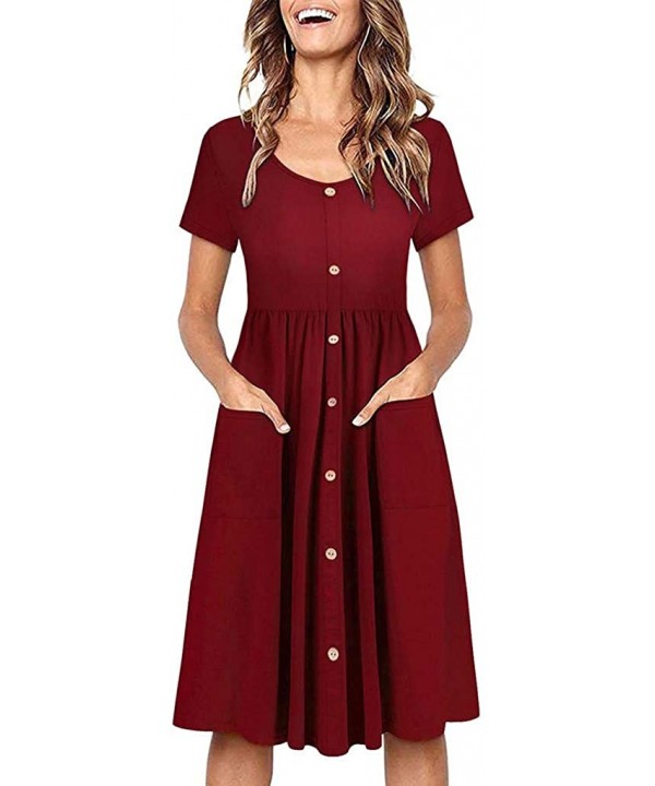 Beach Summer Dresses for Women Short Sleeve Button T Shirt Midi Skater Dress with Pockets Empire Waist Dress A red - C9196T5I...