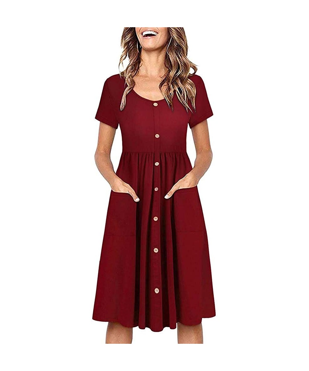 Beach Summer Dresses for Women Short Sleeve Button T Shirt Midi Skater Dress with Pockets Empire Waist Dress A red - C9196T5I...