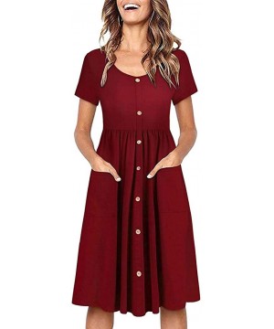 Beach Summer Dresses for Women Short Sleeve Button T Shirt Midi Skater Dress with Pockets Empire Waist Dress A red - C9196T5I...