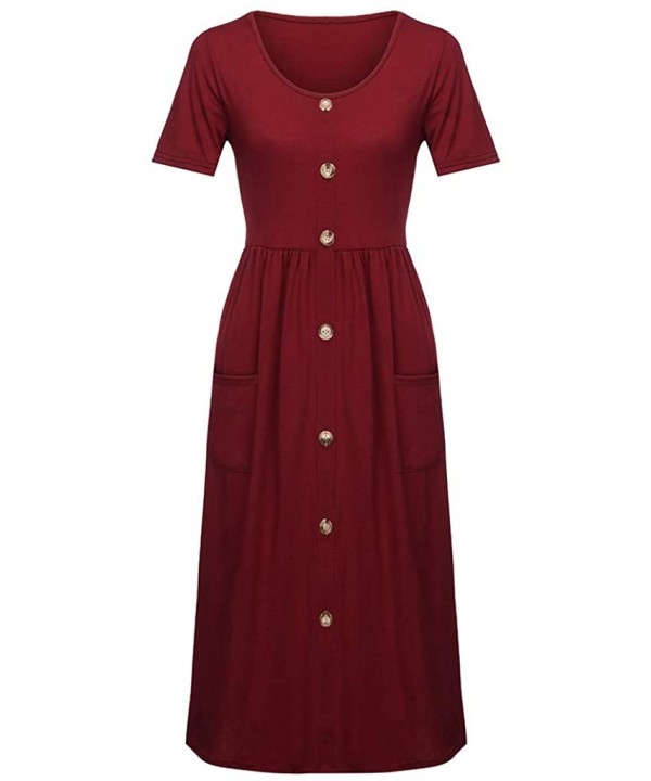 Beach Summer Dresses for Women Short Sleeve Button T Shirt Midi Skater Dress with Pockets Empire Waist Dress A red - C9196T5I...