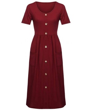 Beach Summer Dresses for Women Short Sleeve Button T Shirt Midi Skater Dress with Pockets Empire Waist Dress A red - C9196T5I...