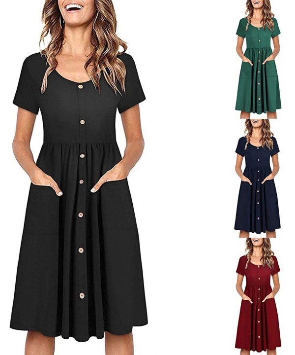 Beach Summer Dresses for Women Short Sleeve Button T Shirt Midi Skater Dress with Pockets Empire Waist Dress A red - C9196T5I...