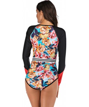 Women's UPF 50+ Rash Guard One Piece Long Sleeve Swimsuit with Zipper - Black / Blue - CV18Z37GIHU $23.03-Rash Guards