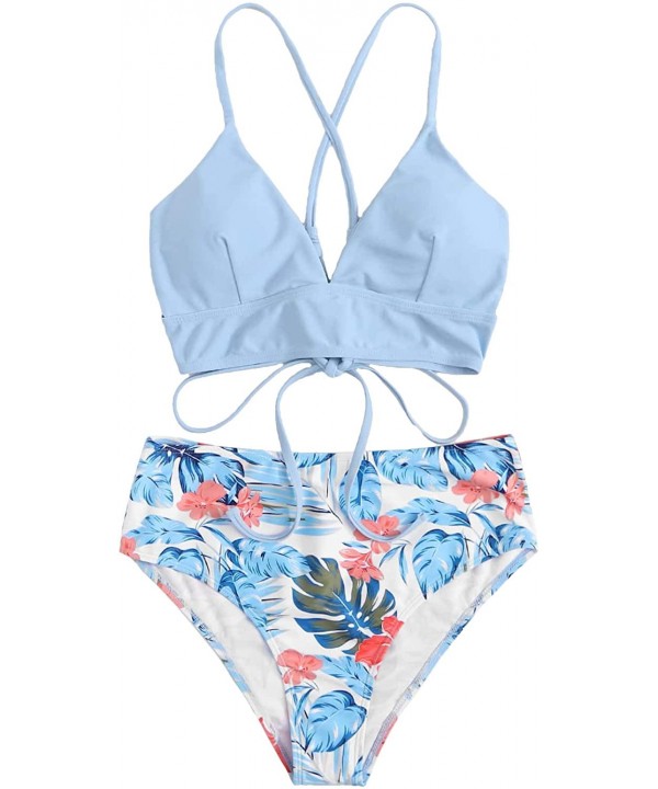 Women's Sexy Bathing Suit Floral Print Cross Back Bikini Set Swimsuits - Light Blue - CW199U65KM6 $24.29-Sets