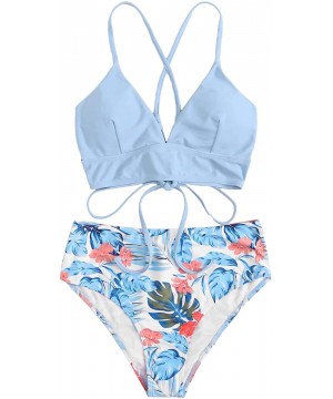 Women's Sexy Bathing Suit Floral Print Cross Back Bikini Set Swimsuits - Light Blue - CW199U65KM6 $24.29-Sets