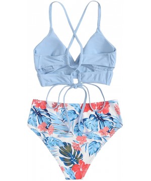 Women's Sexy Bathing Suit Floral Print Cross Back Bikini Set Swimsuits - Light Blue - CW199U65KM6 $24.29-Sets