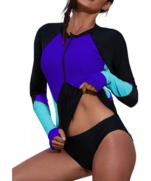 Womens Zip Front Long Sleeve Rashguard Shirt Color Block Print Tankini Swimsuit No Bottom - Blue - C21962C5KEE $18.42-Rash Gu...