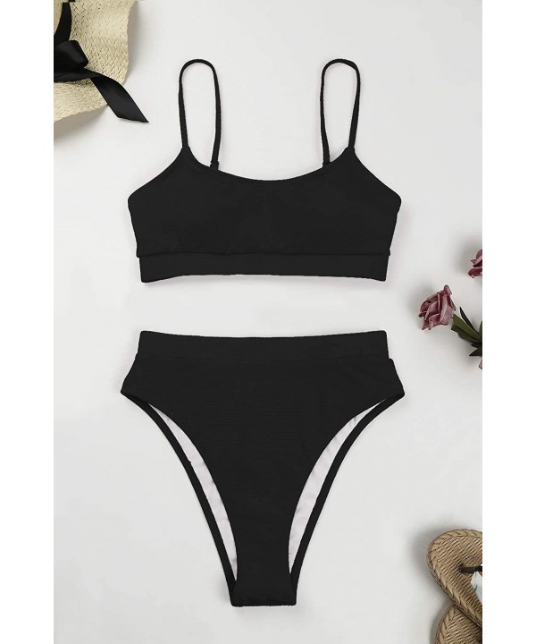 Women's Push Up Pad High Cut High Waisted Cheeky Two Piece Swimsuit - 03-black-bubble - CS1953N2XUX $25.82-Sets