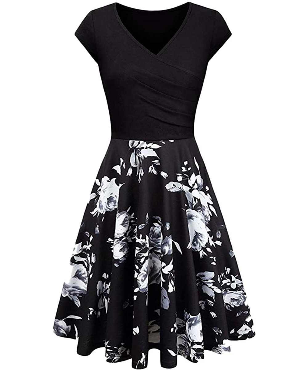 Women's Wrap V Neck Cap Half Sleeve Vintage Casual Work Party Tea Swing Dress - Z-floral Black - C9198Q7WNWO $22.90-Cover-Ups