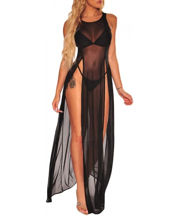 Womens See Through Sheer Mesh Sleevless Side High Split Swimsuit Cover Up Beach Long Maxi Tank Dress Bikini Cover-up Top - Bl...