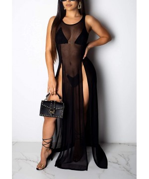 Womens See Through Sheer Mesh Sleevless Side High Split Swimsuit Cover Up Beach Long Maxi Tank Dress Bikini Cover-up Top - Bl...