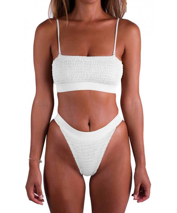 Womens Adjustable Straps Padded Shirred Two Piece Bikini Set Swimsuit - White - CU18DYMXGKR $19.87-Sets