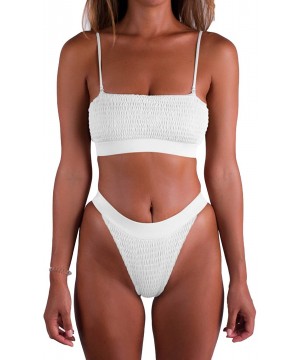 Womens Adjustable Straps Padded Shirred Two Piece Bikini Set Swimsuit - White - CU18DYMXGKR $19.87-Sets