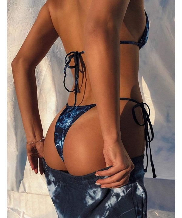 2 Piece Triangle Bikini Set Tie Dye Brazilian High Cut Swimsuits for Women - Blue Tie Dye - CB18WW2MTM7 $18.70-Sets