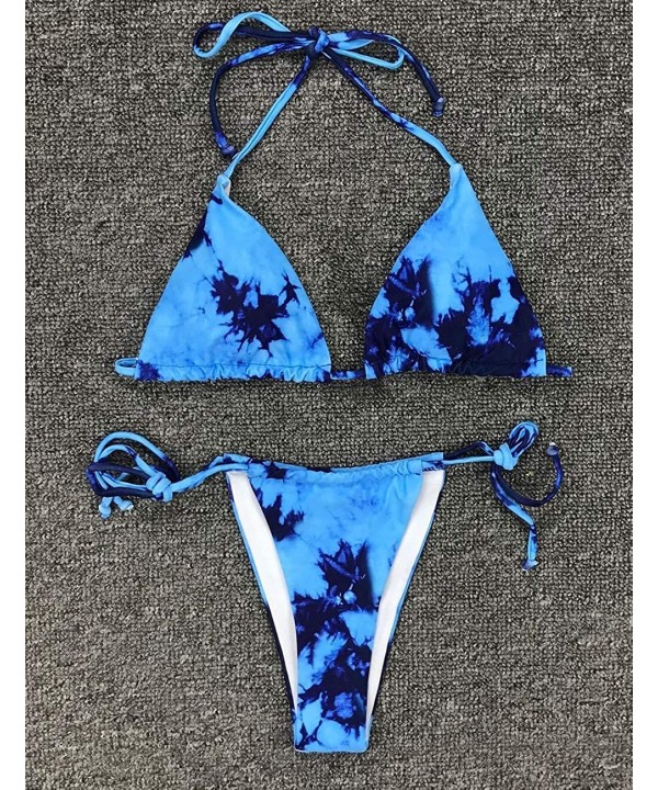 2 Piece Triangle Bikini Set Tie Dye Brazilian High Cut Swimsuits for Women - Blue Tie Dye - CB18WW2MTM7 $18.70-Sets