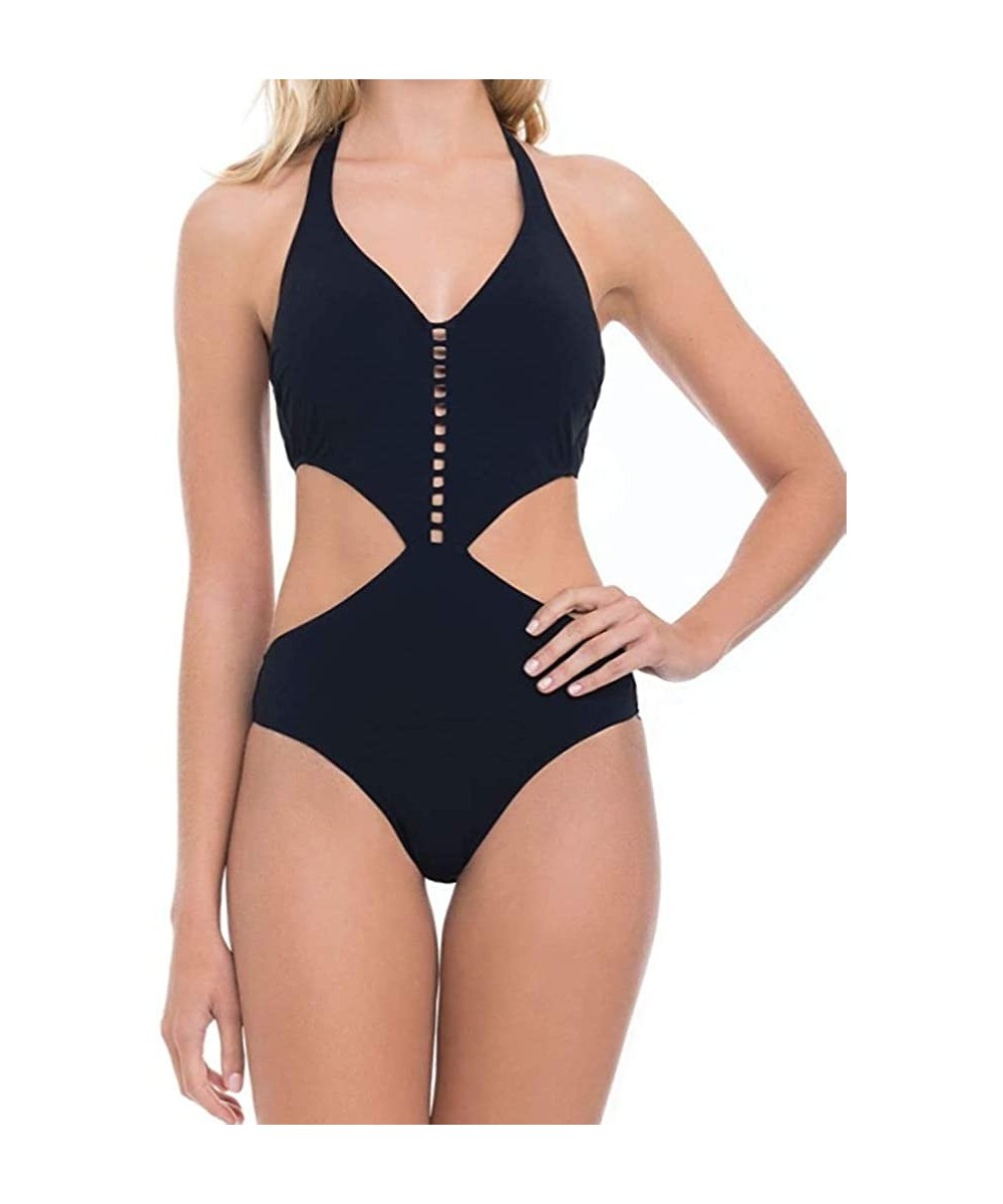 Women's Halter Monokini One Piece Swimsuit - Cocktail Party Black - C011FEK1O7L $33.57-One-Pieces