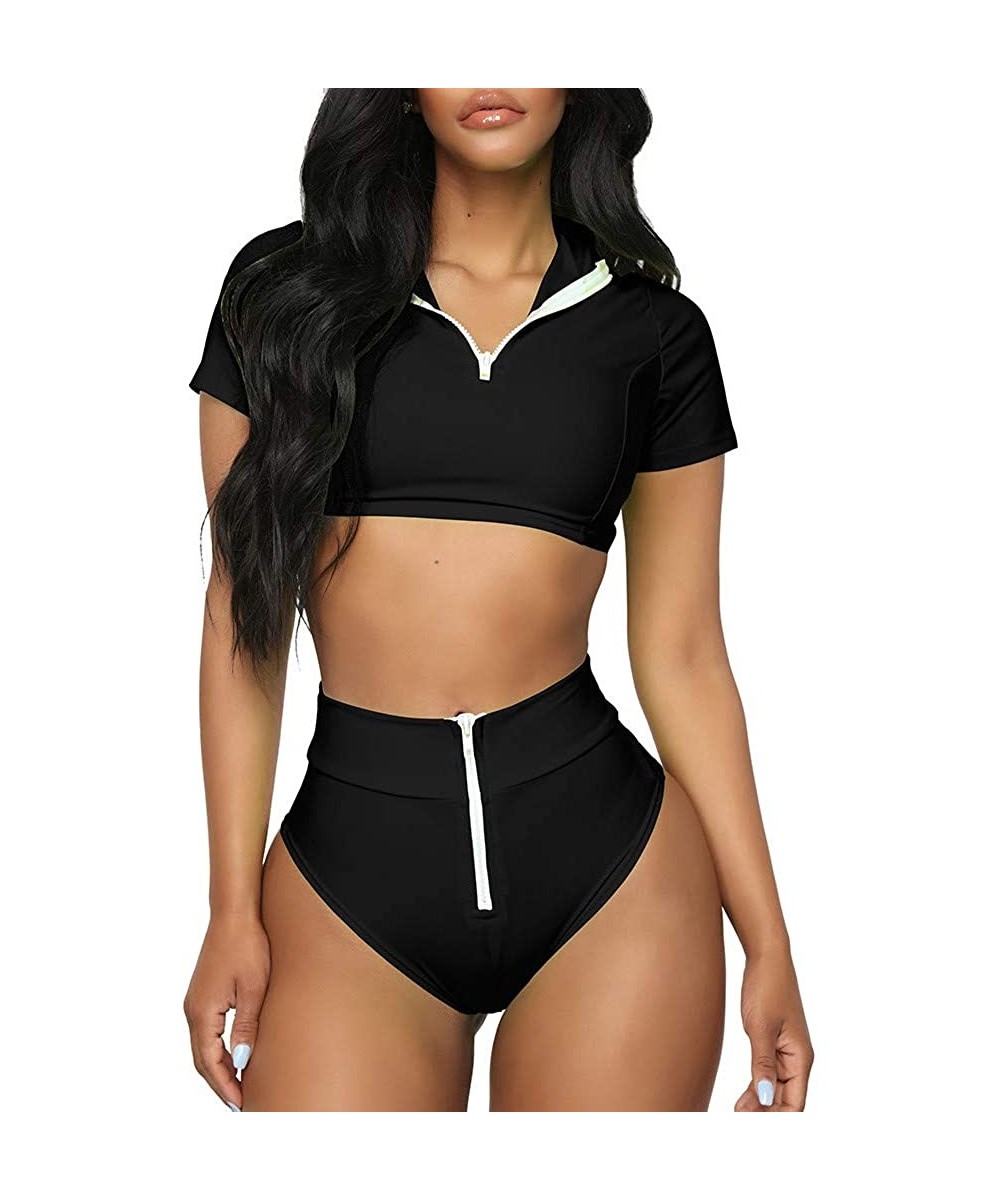 Bikini Swimsuit Women's Sport Zipper Beachwear Set Fashion Two Piece Push-Up Pad Swimwear Bathing Suit - Black - CG18O68Y0ET ...