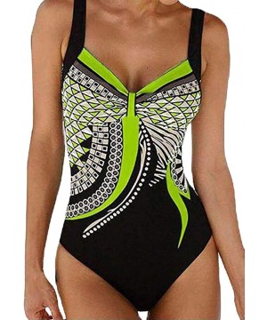 Women One Piece Retro Swimsuit Ruched V-Neck Tummy Control Swimwear Printed Bathing Suits - Green - C819234WDOK $9.20-One-Pieces