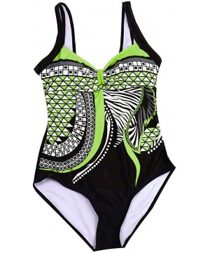 Women One Piece Retro Swimsuit Ruched V-Neck Tummy Control Swimwear Printed Bathing Suits - Green - C819234WDOK $9.20-One-Pieces