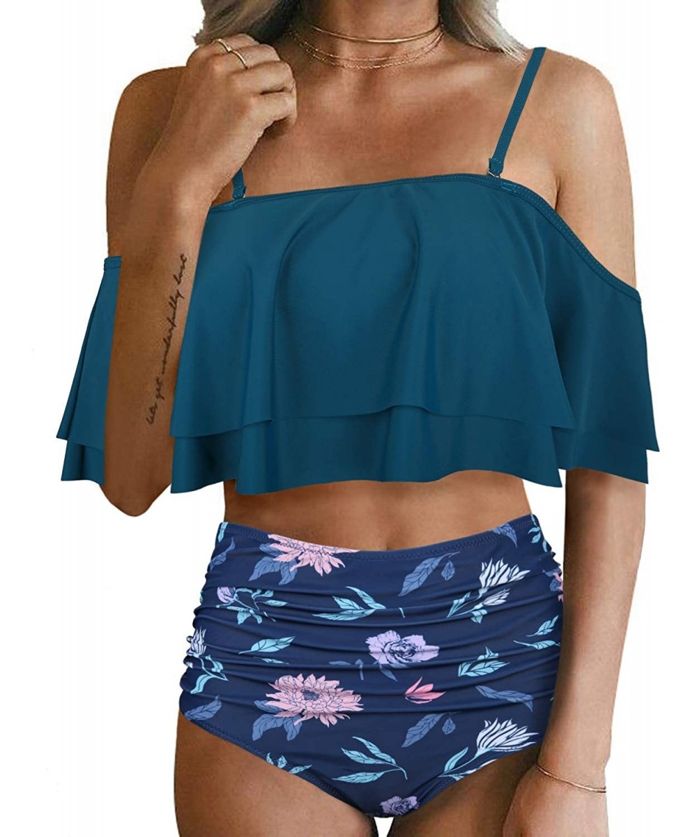 Women Two Piece Swimsuit High Waisted Off Shoulder Ruffled Bikini Set - Dark Teal-2 - C419200WS4W $22.48-Sets