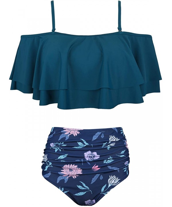 Women Two Piece Swimsuit High Waisted Off Shoulder Ruffled Bikini Set - Dark Teal-2 - C419200WS4W $22.48-Sets