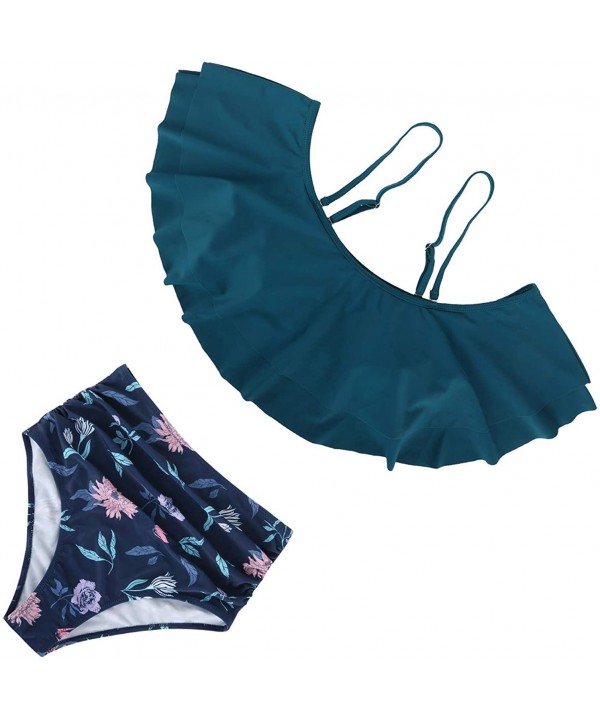 Women Two Piece Swimsuit High Waisted Off Shoulder Ruffled Bikini Set - Dark Teal-2 - C419200WS4W $22.48-Sets