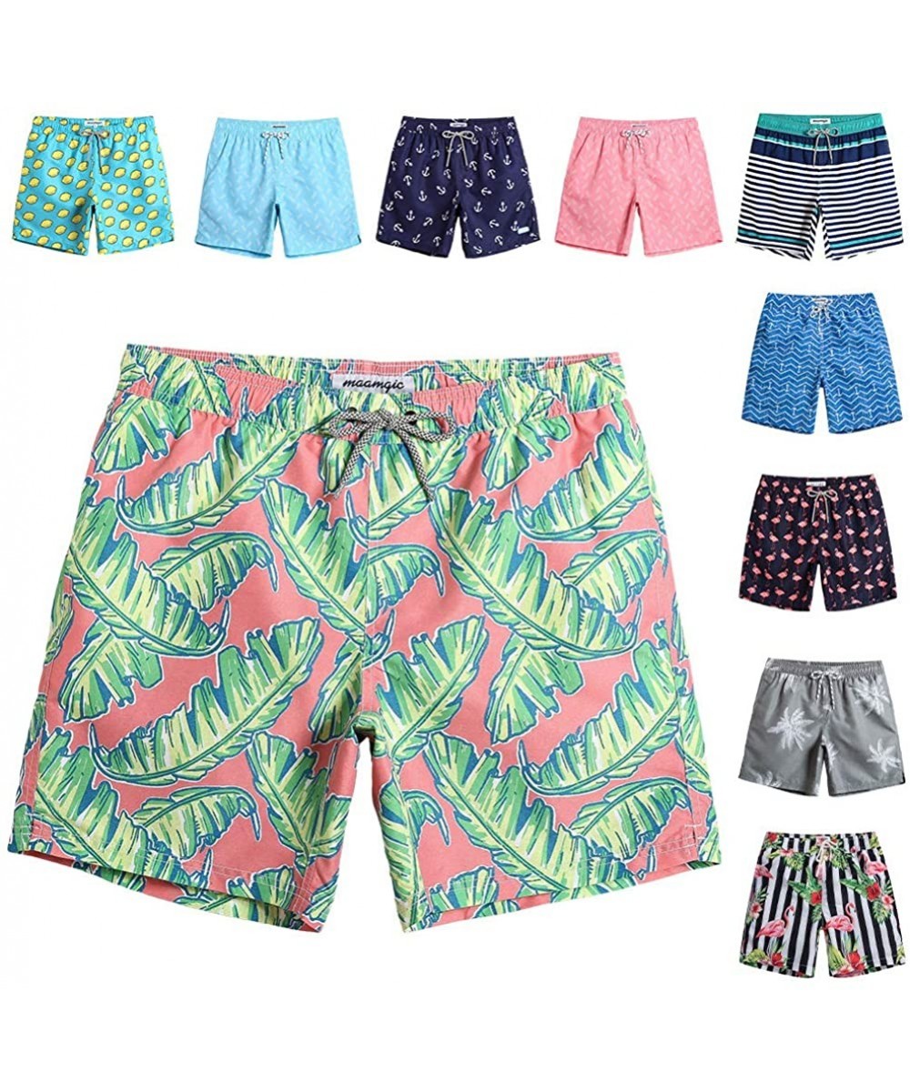 Mens Quick Dry Printed Short Swim Trunks with Mesh Lining Swimwear Bathing Suits - Banada Leaves & Pink - CP18N8OYEZL $20.70-...