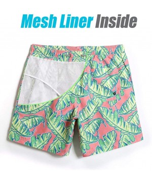 Mens Quick Dry Printed Short Swim Trunks with Mesh Lining Swimwear Bathing Suits - Banada Leaves & Pink - CP18N8OYEZL $20.70-...