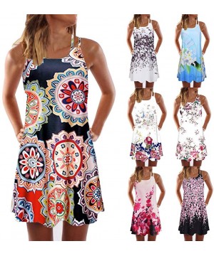 Vintage Boho Women Summer Sleeveless Beach Printed Short Mini Dress Swing T-Shirt Dresses Beach Cover up Dress Sundress - 1 O...