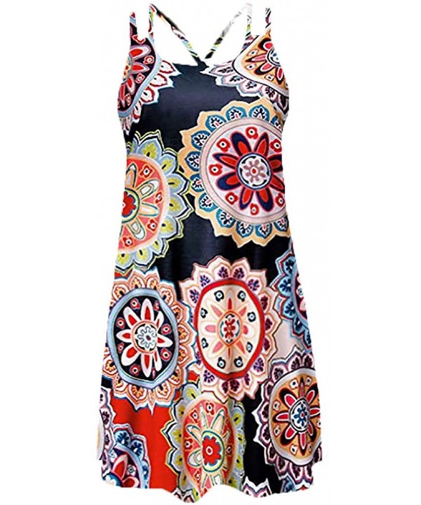 Vintage Boho Women Summer Sleeveless Beach Printed Short Mini Dress Swing T-Shirt Dresses Beach Cover up Dress Sundress - 1 O...