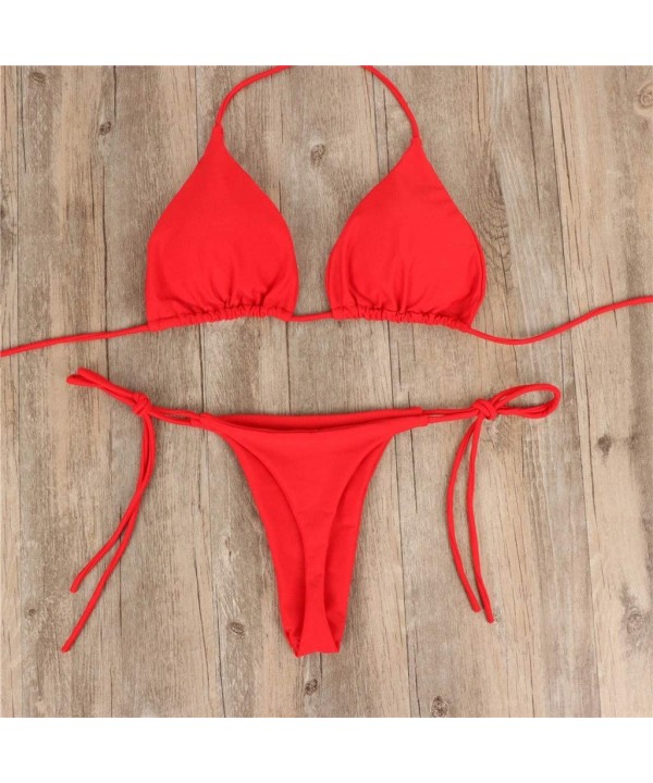 Women's Brazilian Bikini Set Cheeky Swimsuit Thong Swimwear - Red - CX18OQSMX2O $9.25-Bottoms