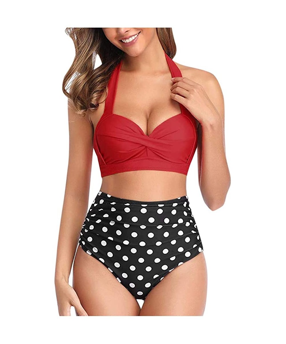 Women high wiasited Two Piece Swimsuit Halter Twist Front Push up Two Piece Bathing Suit Bikini Set - Red - CX1955W3XKY $16.0...