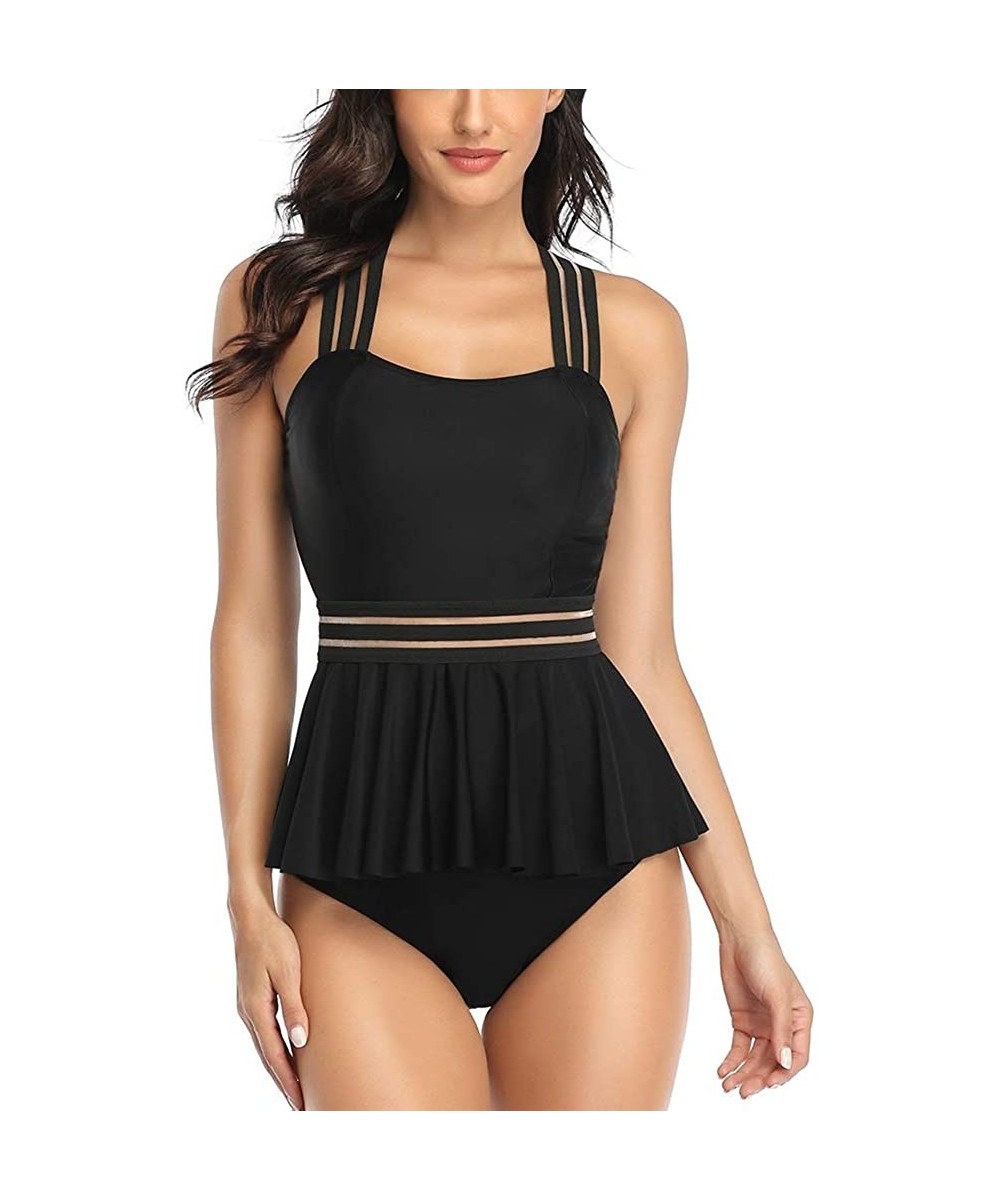 Womens Bathing Suits Tummy Control Two Piece Mesh Tankini Swimsuits Ruffled Swimwear - Black-03 - C3194C8L99O $31.99-One-Pieces